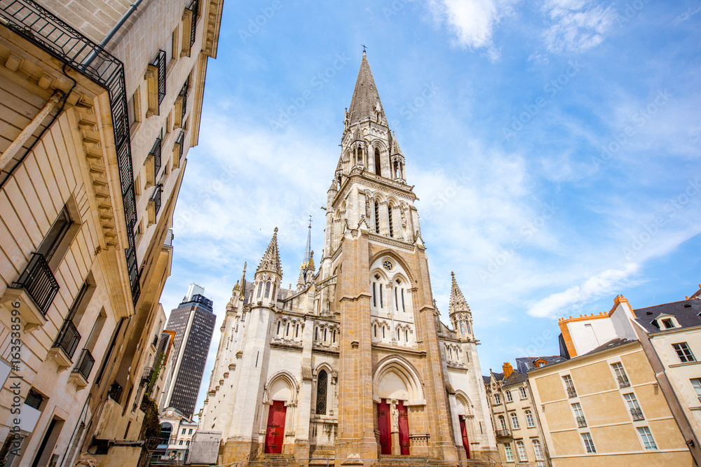 View from below on the saint Nicolas church in Nantes city in France