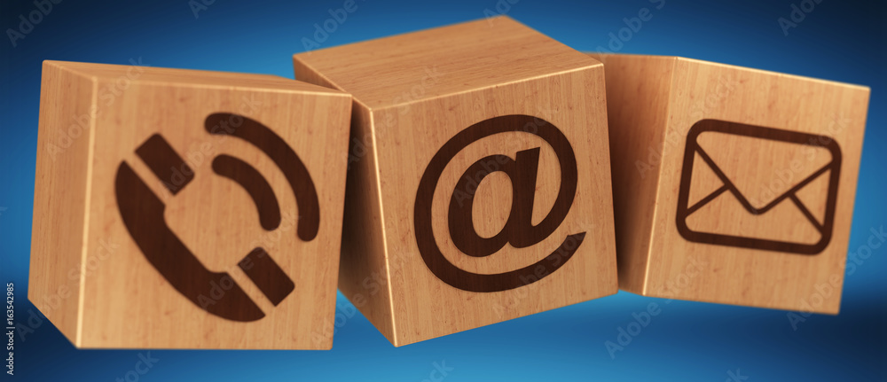 Digital wooden cube contact icon 3D rendering