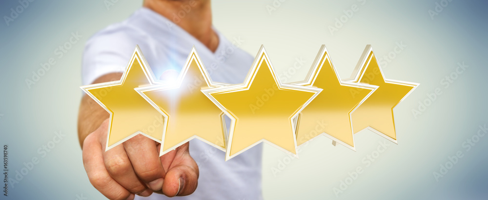 Businessman rating stars with his hand 3D rendering