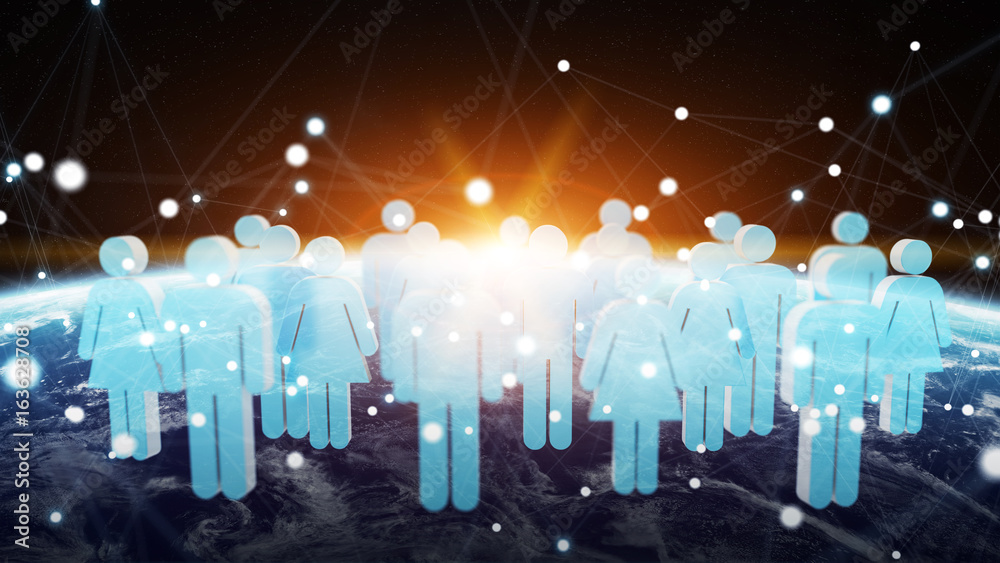 3D rendering group of icons people surrounding planet Earth