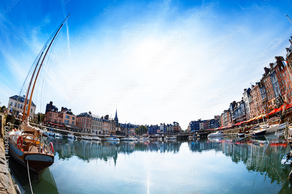 Panoramic view of Honfleur skyline at sunny day