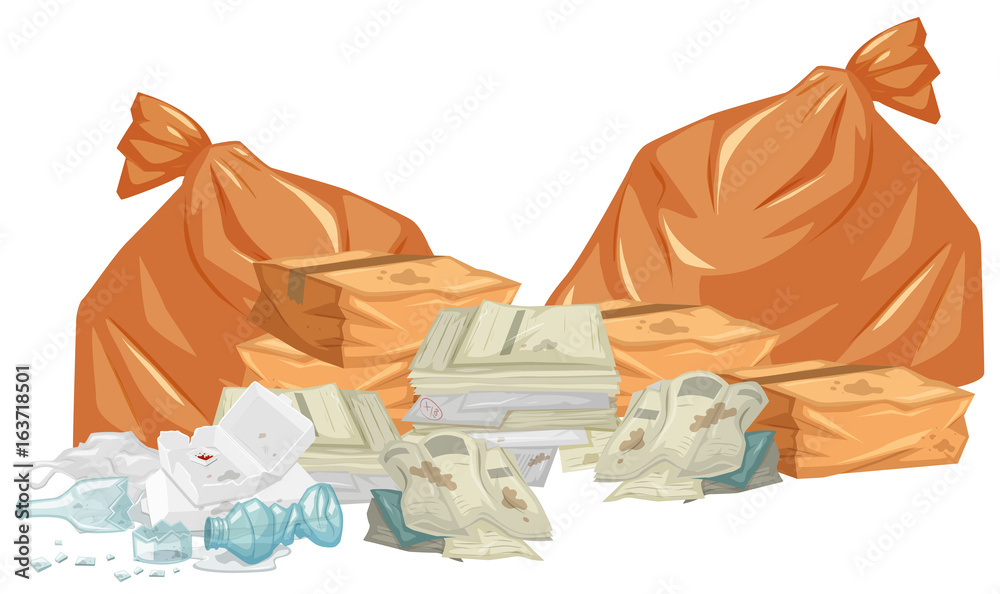 Garbage piles with bags and papers