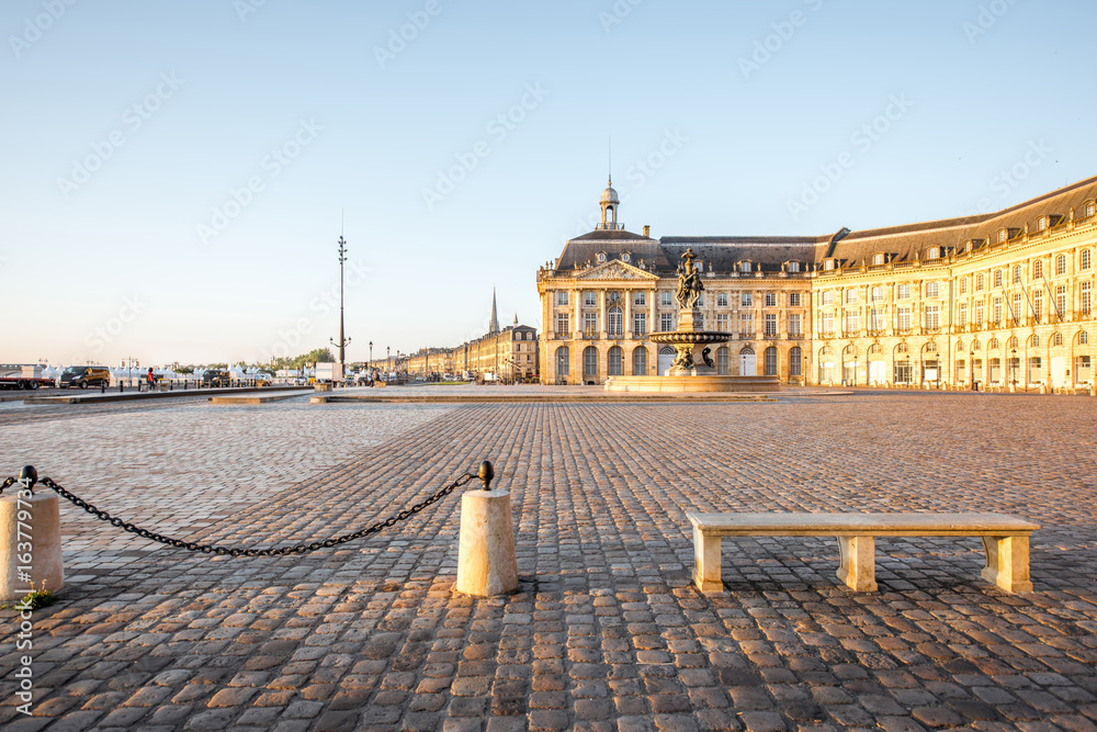 View on the famous La Bourse square with fountain during the morning in Bordeaux city, France