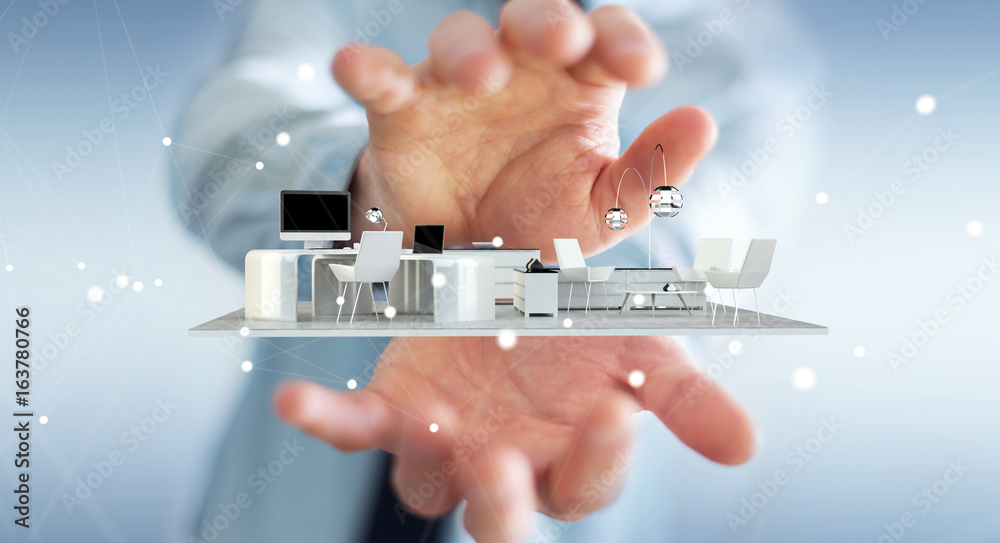 Businessman holding white 3D rendering apartment