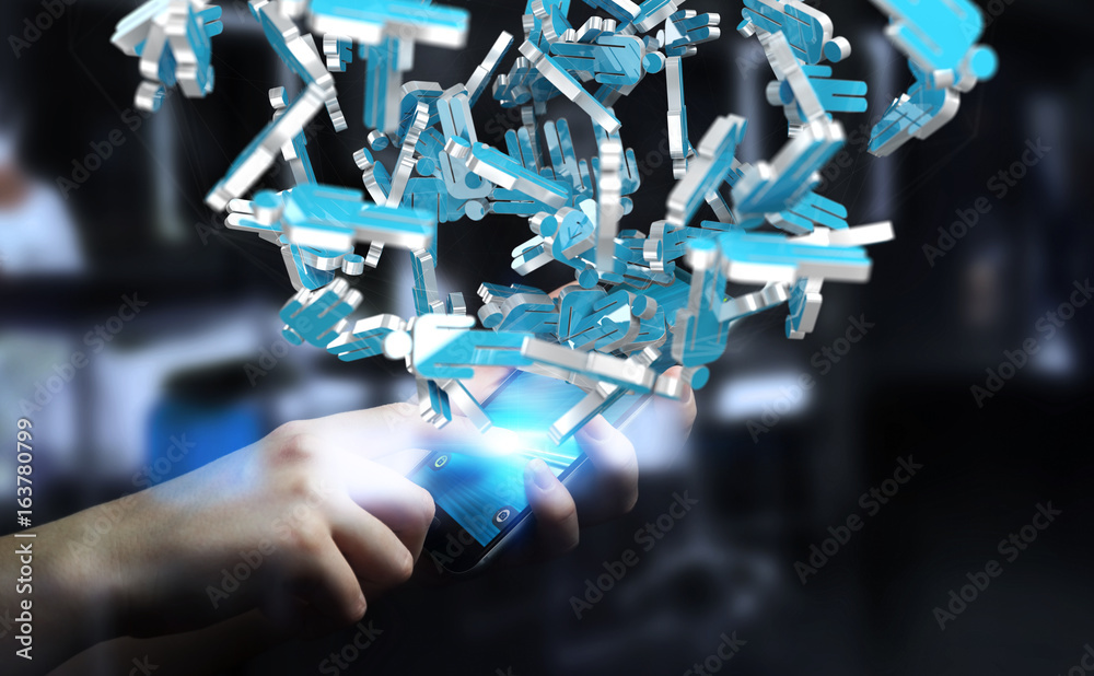 Businessman holding 3D rendering group of blue people