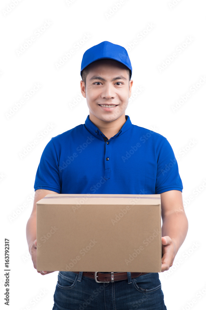 Delivery Person. Asian postman with parcel box. Postal delivery service. White Background.