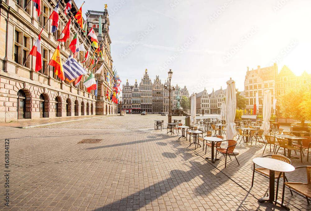 Morning view on the Grote Markt with cafe terrace in the center of Antwerpen city, Belgium