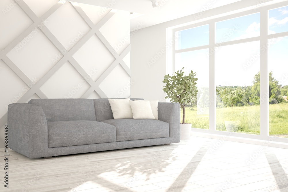 White room with sofa and green landscape in window. Scandinavian interior design. 3D illustration