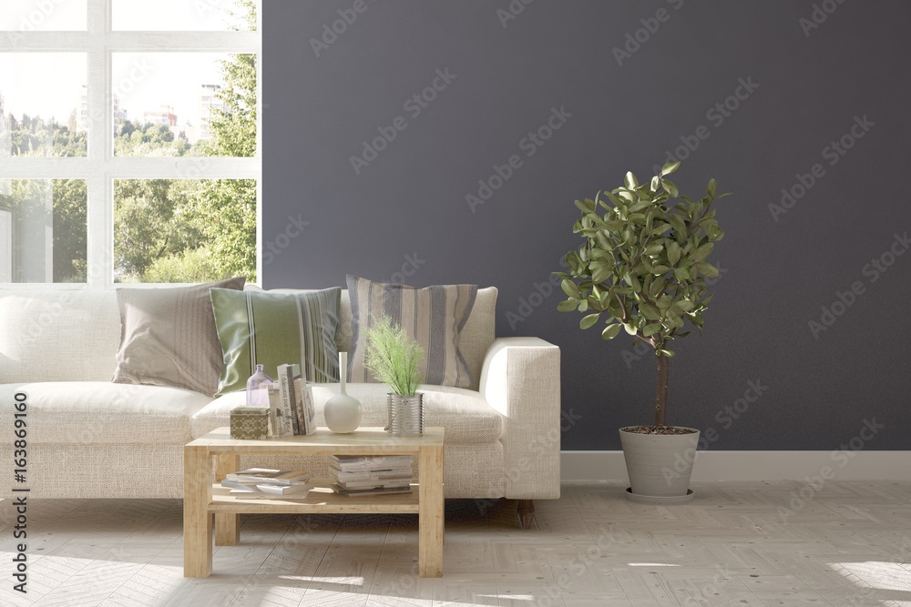 White room with sofa and green landscape in window. Scandinavian interior design. 3D illustration