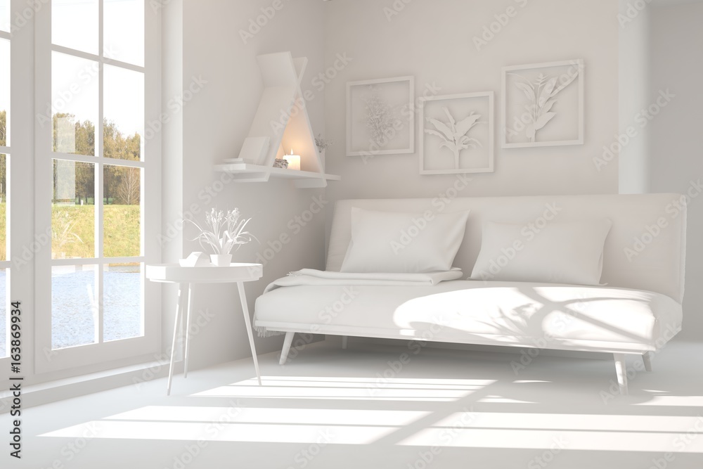 White room with sofa. Scandinavian interior design. 3D illustration