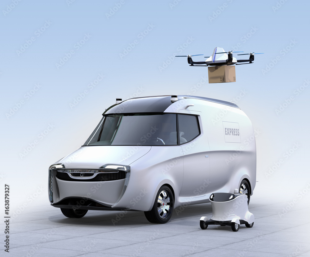 Self-driving van, drone and robot. Automatic delivery system concept. 3D rendering image.