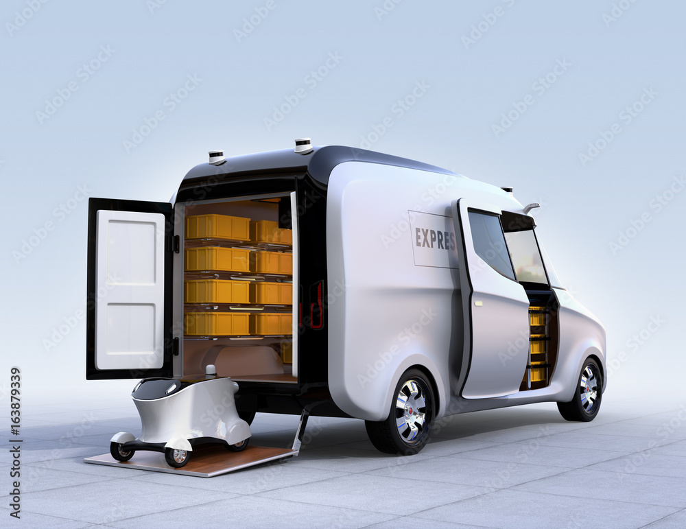 Self-driving delivery robot on vans tail lift. Automatic delivery system concept. 3D rendering imag