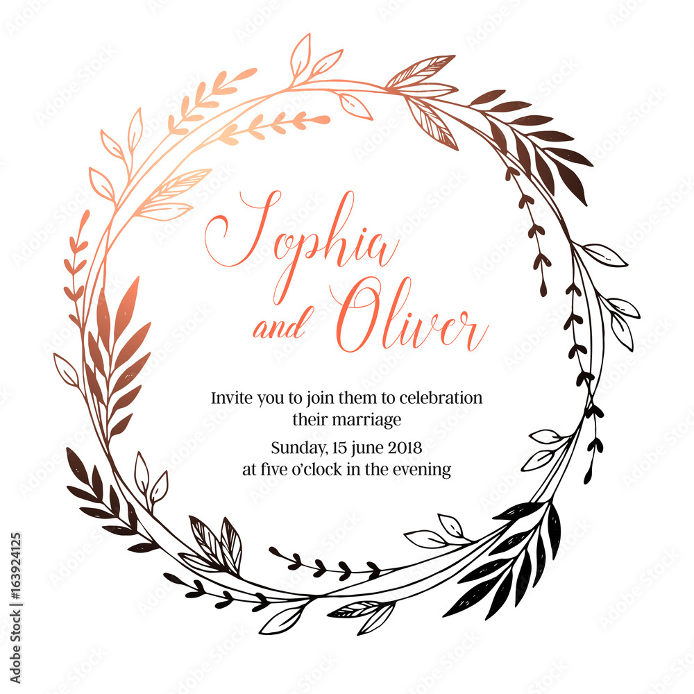 Hand drawn vector wedding invitation. Vintage decorative laurel wreath. Tribal design elements. Perf