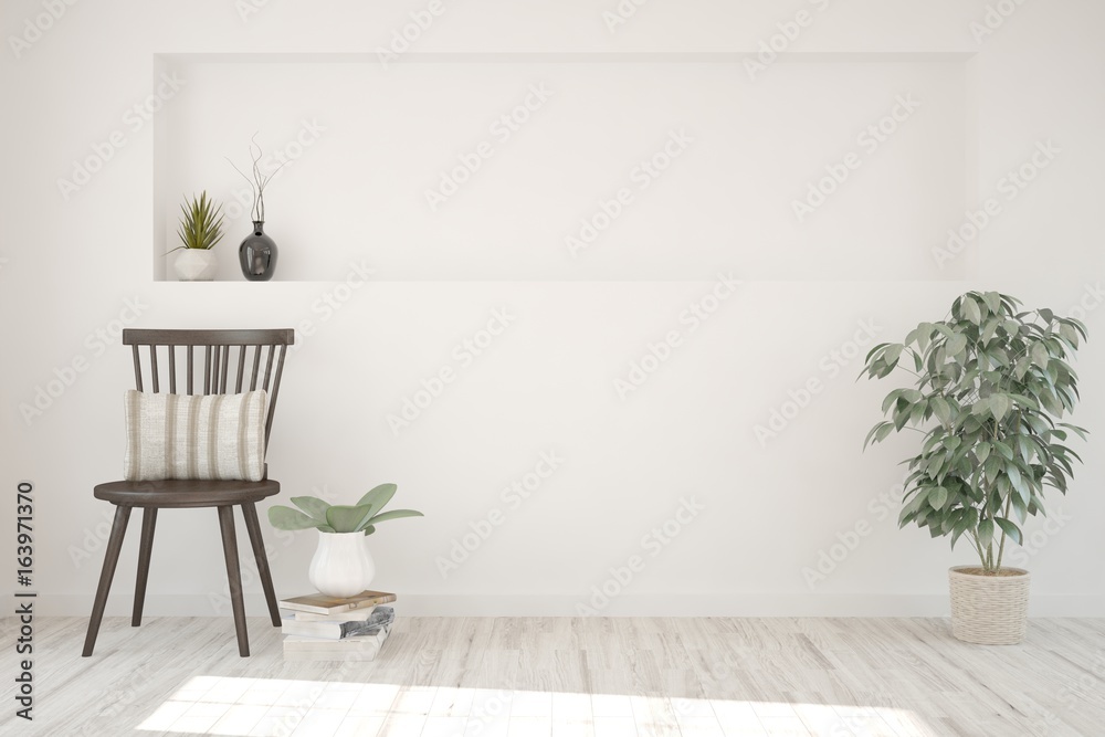 Idea of white modern room with chair. Scandinavian interior design. 3D illustration