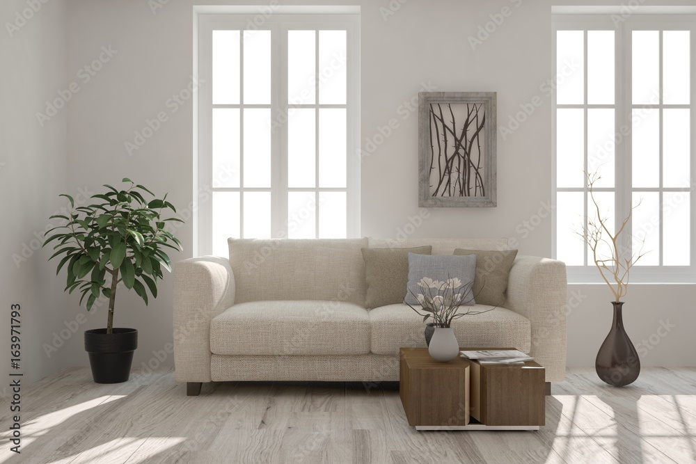 Inspiration of white modern room with sofa. Scandinavian interior design. 3D illustration