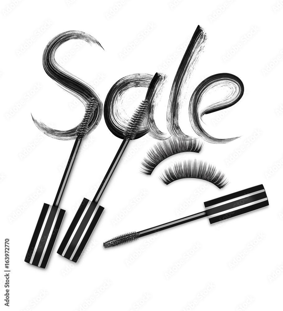 Inscription Sale with mascara brushes and false eyelashes, on white backgroud