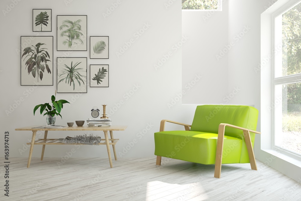 White modern room with armchair. Scandinavian interior design. 3D illustration