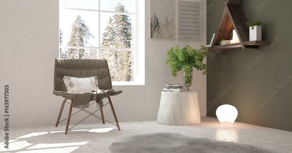 White modern room with armchair. Scandinavian interior design. 3D illustration