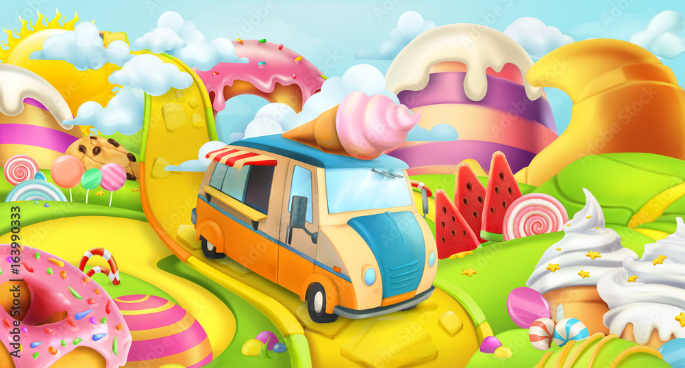 Sweet candy land. Ice cream truck. 3d vector background