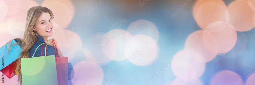 Woman Shopping with sparkling lights bokeh transition