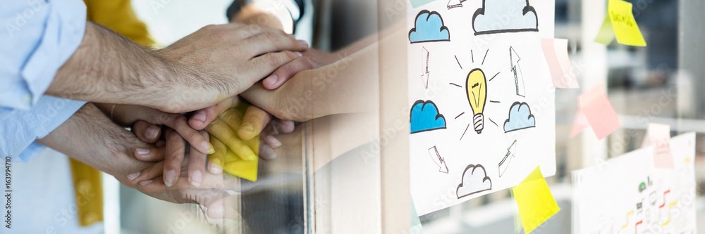 Close up of hands together and blurry sticky note transition