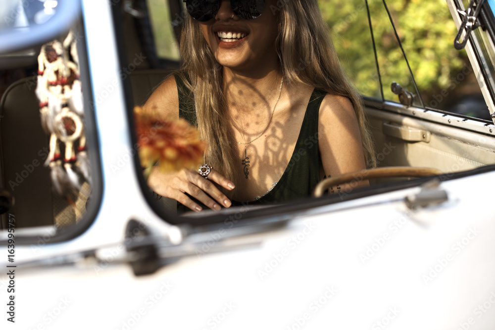 Woman Getting in a Car on Front Seat of The Car Road Trip Travel