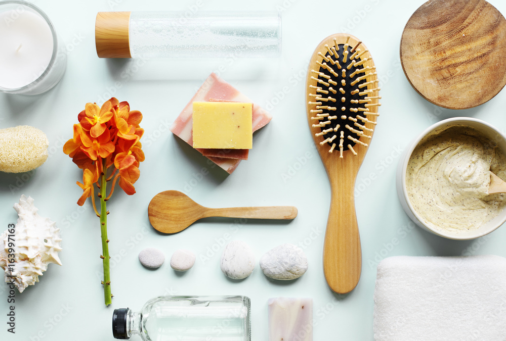 Skincare aromatherapy objects flatlay