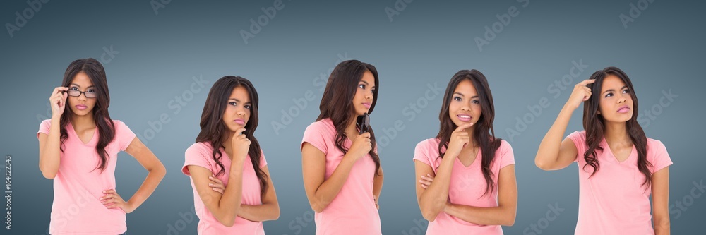 Woman thinking collage against blue background