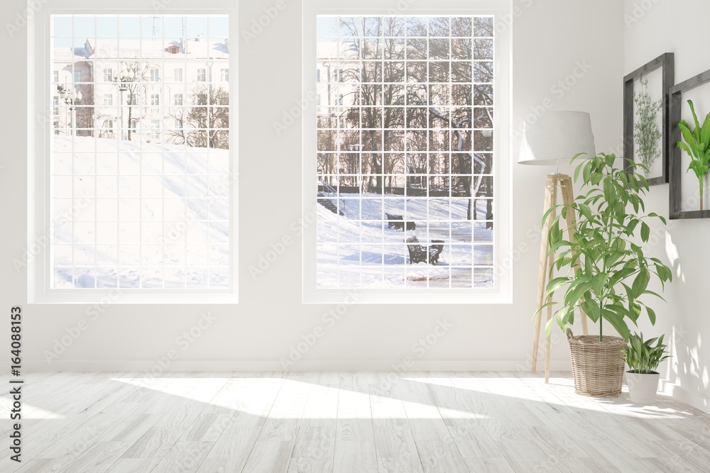 White empty room with winter landscape in window. Scandinavian interior design. 3D illustration