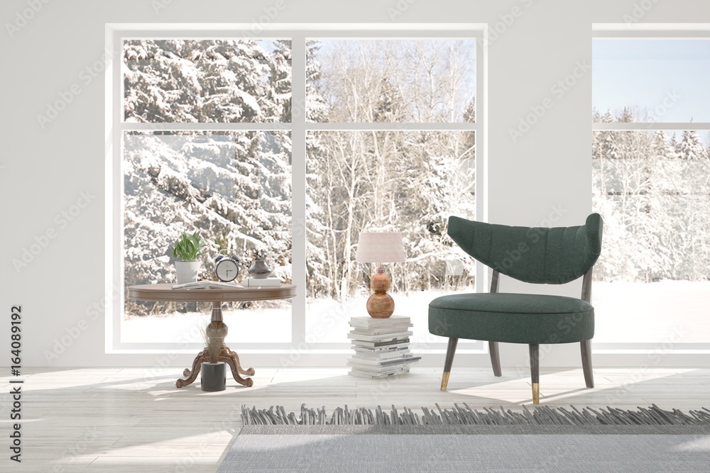 White room with armchair and winter landscape in window. Scandinavian interior design. 3D illustrati