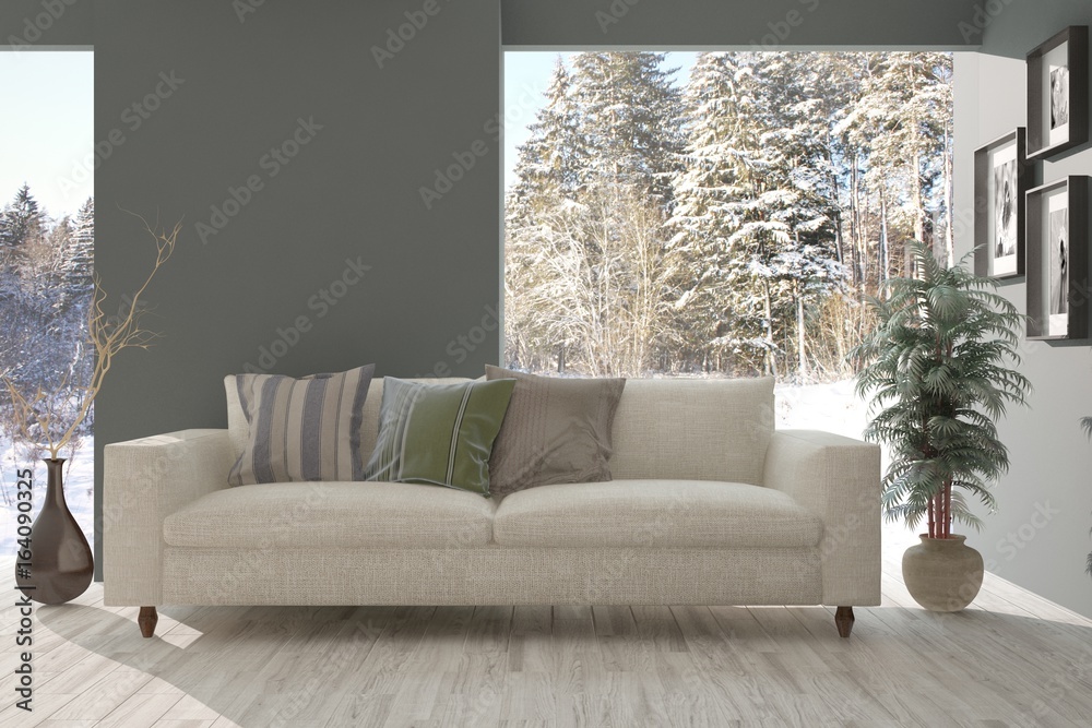 White room with sofa and winter landscape in window. Scandinavian interior design. 3D illustration