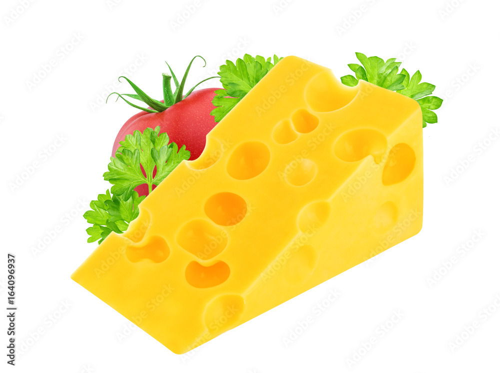 Piece of cheese with tomato and parsley isolated on white background