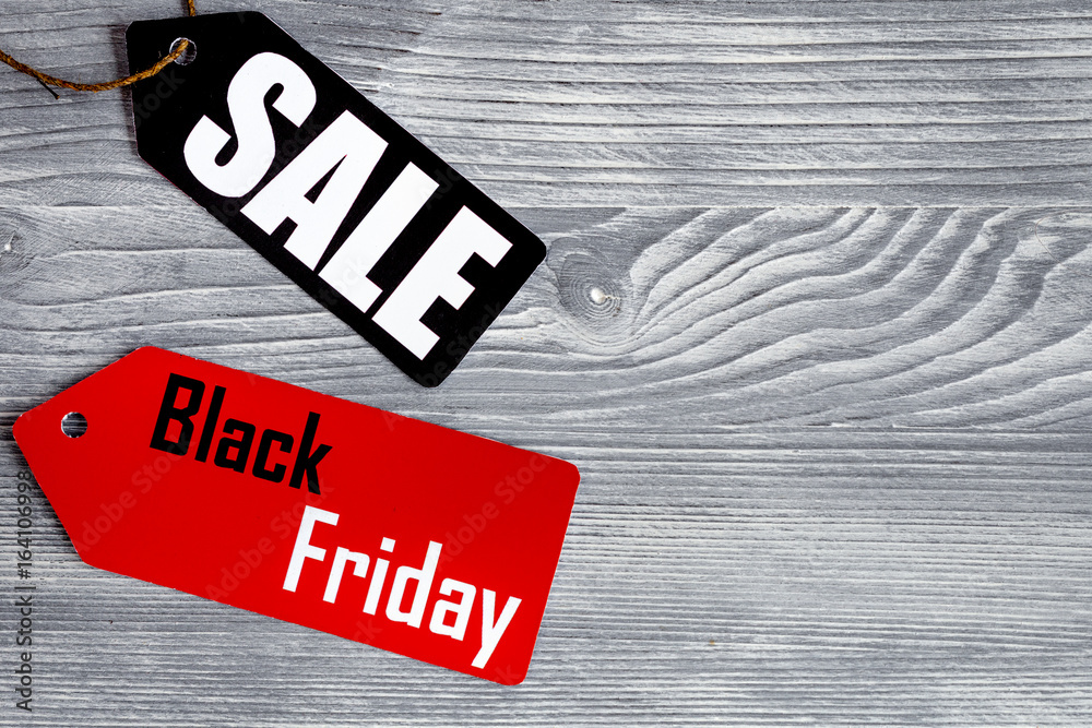 concept black friday on wooden background top view