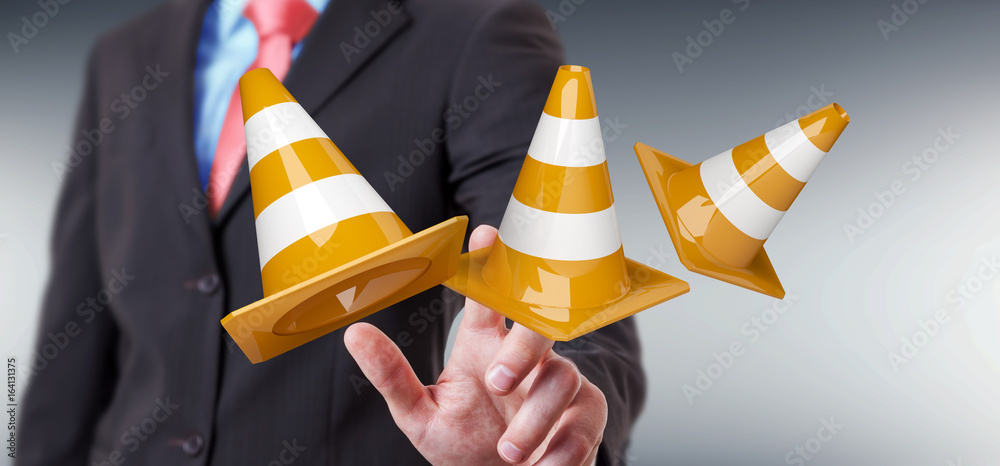 Businessman using digital 3D rendering under construction signs