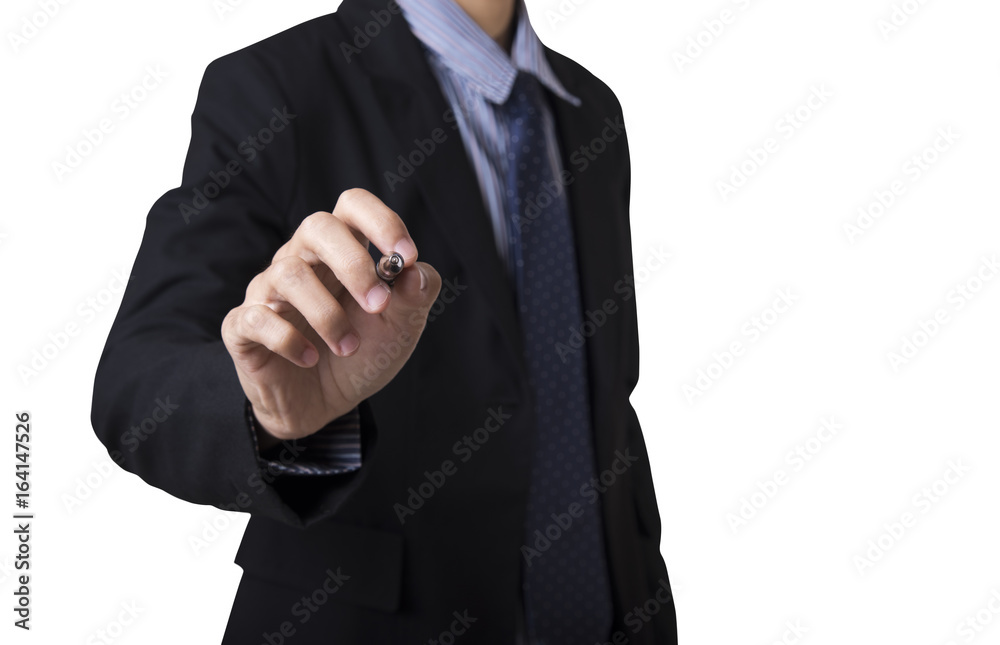 Business man holding pen writing isolated on white background.