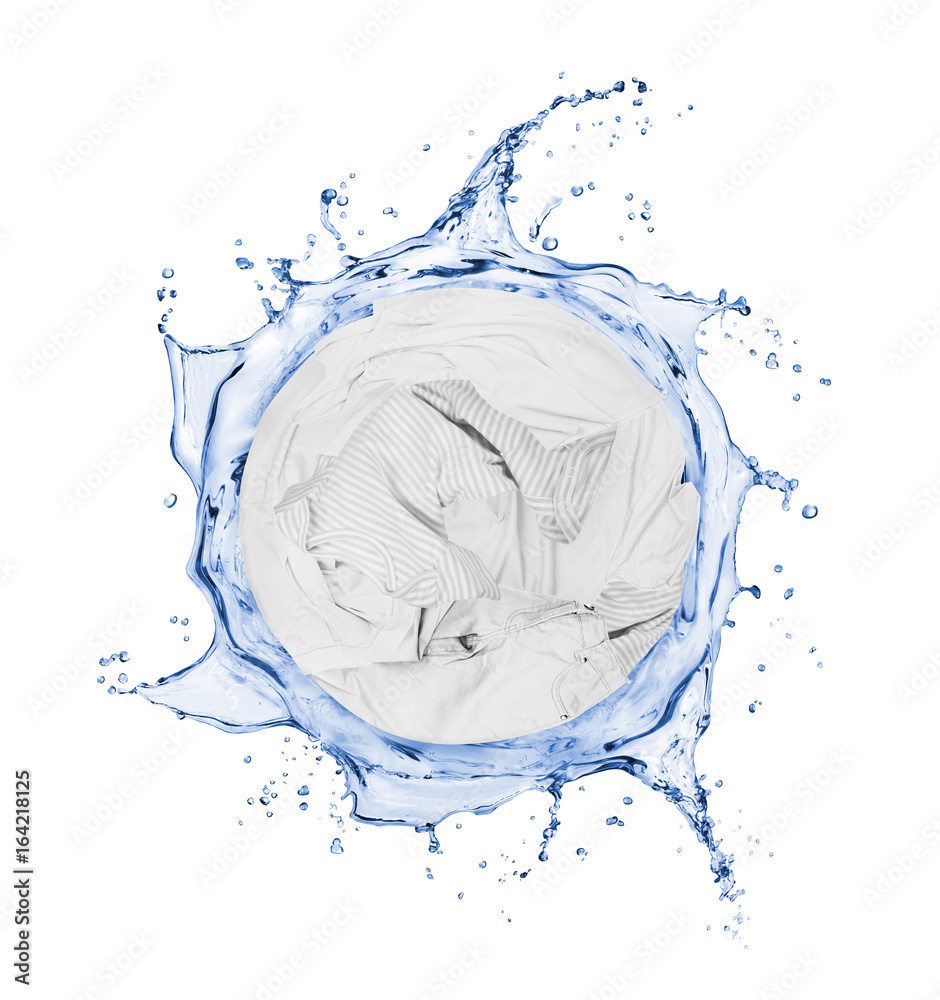 Llight clothes rotates in a swirling splashes of water isolated on white background