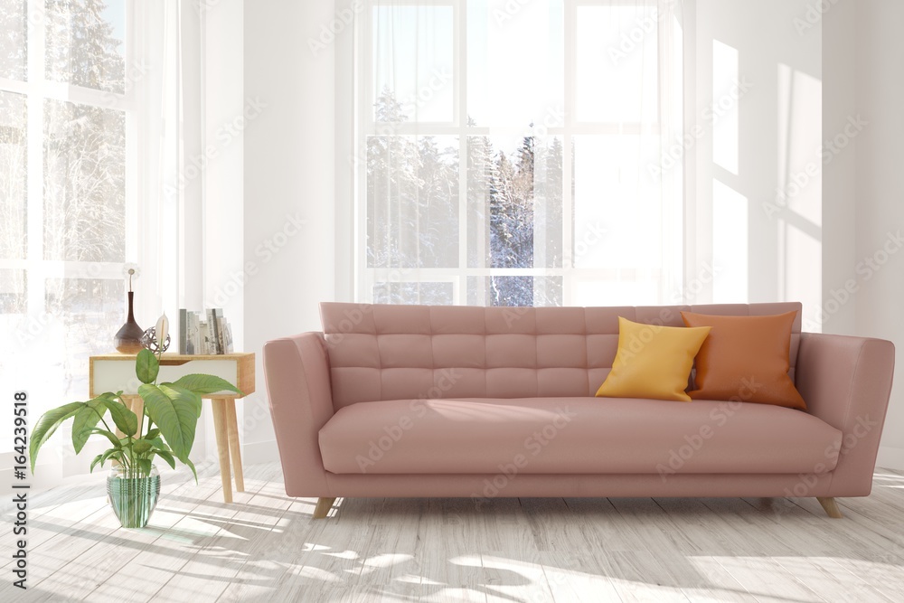 White minimalist room with sofa. Scandinavian interior design. 3D illustration