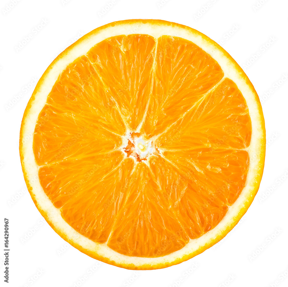 Slice of fresh orange isolated on white background