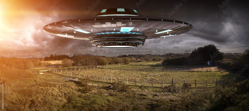 UFO invasion on planet earth landascape 3D rendering