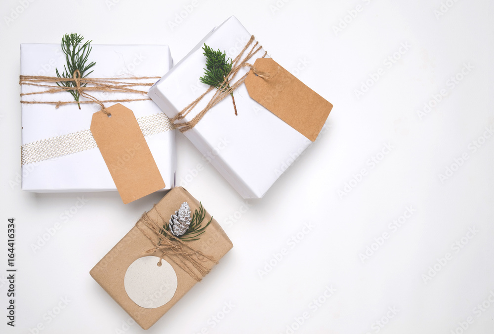 Christmas present gift boxes collection with tag for mock up template design. View from above. Creat