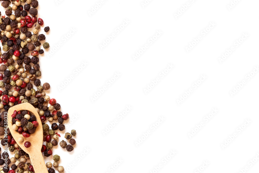 Close up mixed type of peppercorns  on the white background , top view or overhead shot