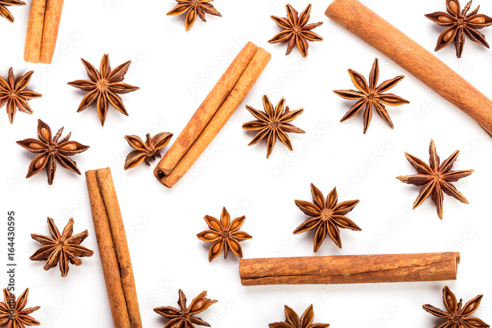  the star anise spice and cinnamon stick pattern decoration on white background