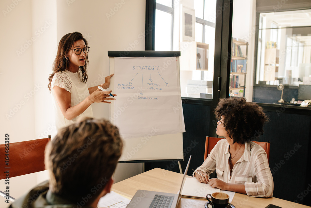 Woman explaining new strategies to coworkers