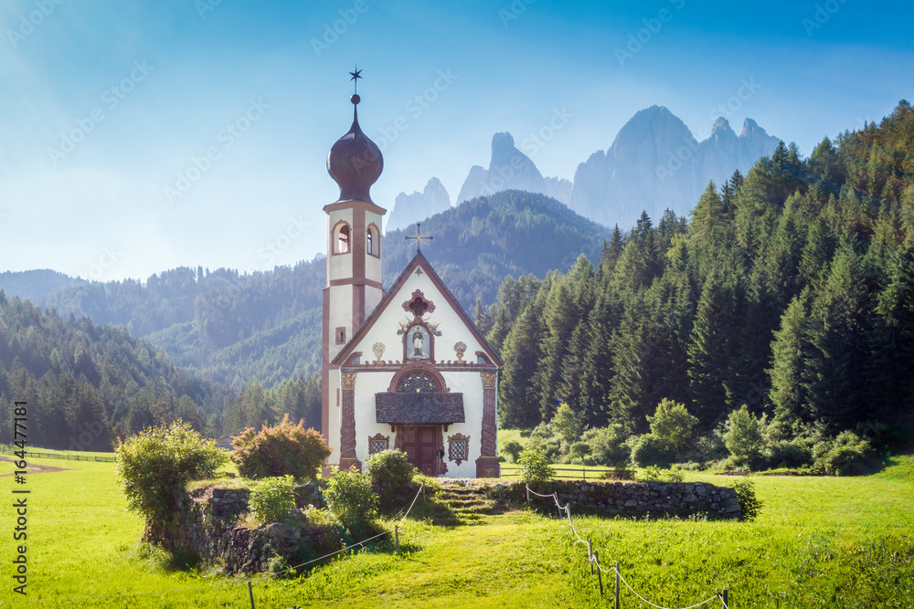 Church of St. Johann of Nepomuk with Odle Group in the Dolomites, South Tyrol, Italy