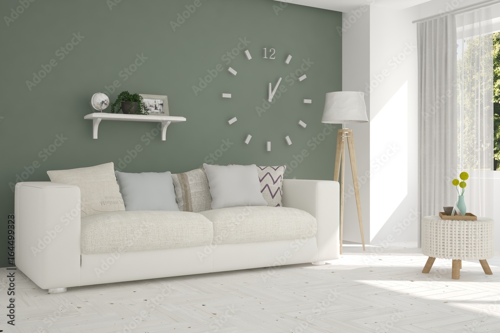 Idea of white modern room with sofa. Scandinavian interior design. 3D illustration