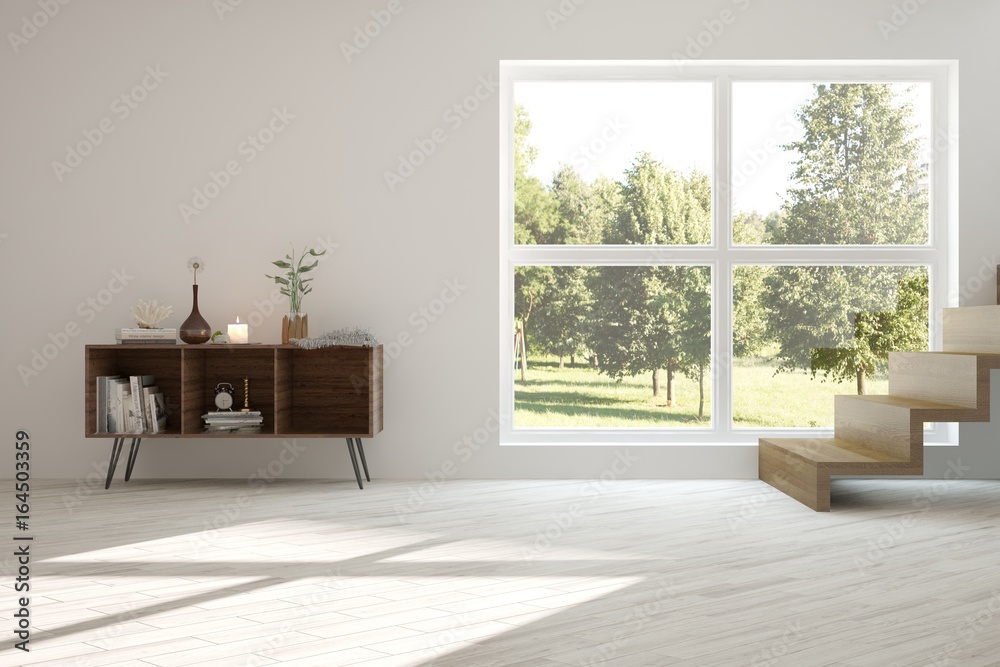 Idea of white room with shelf and summer landscape in window. Scandinavian interior design. 3D illus