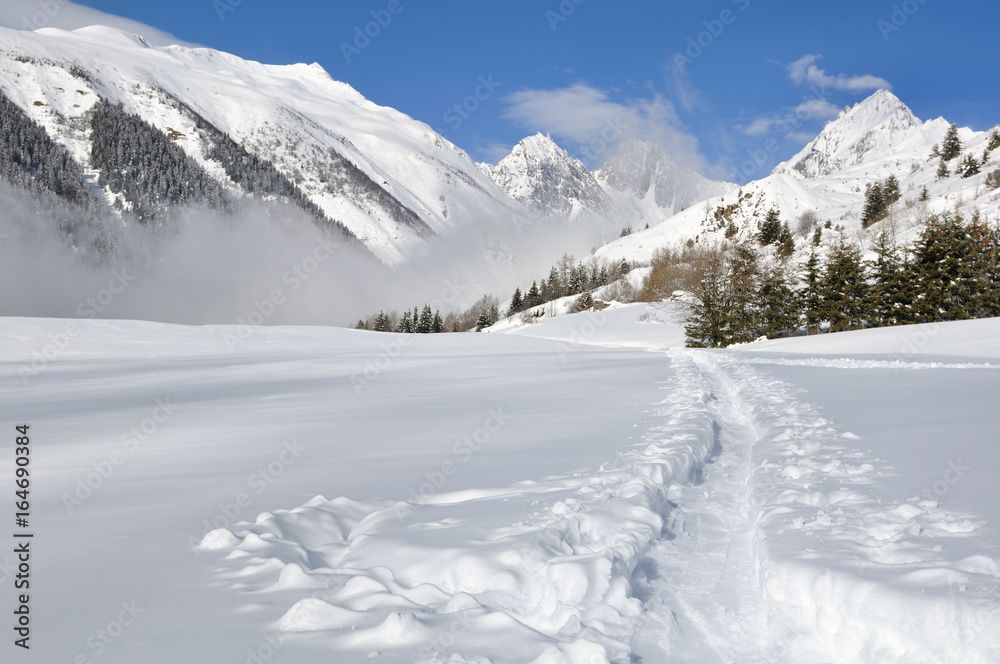 piste dans la neige traversant la montagne