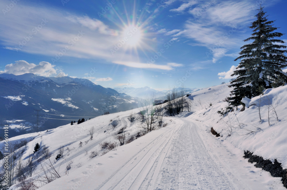 route enneigée en montagne sous soleil rayonnant 