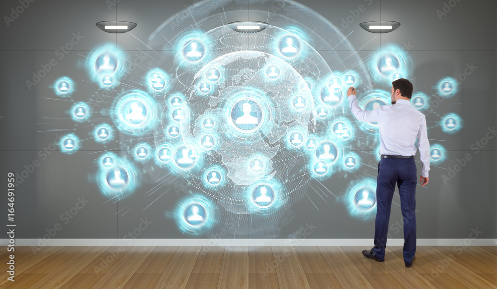 Businessman using social network interface on a wall 3D rendering