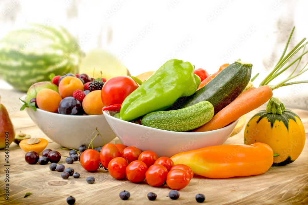 Seasonal organic fruit and vegetable on table - healthy diet (eating)